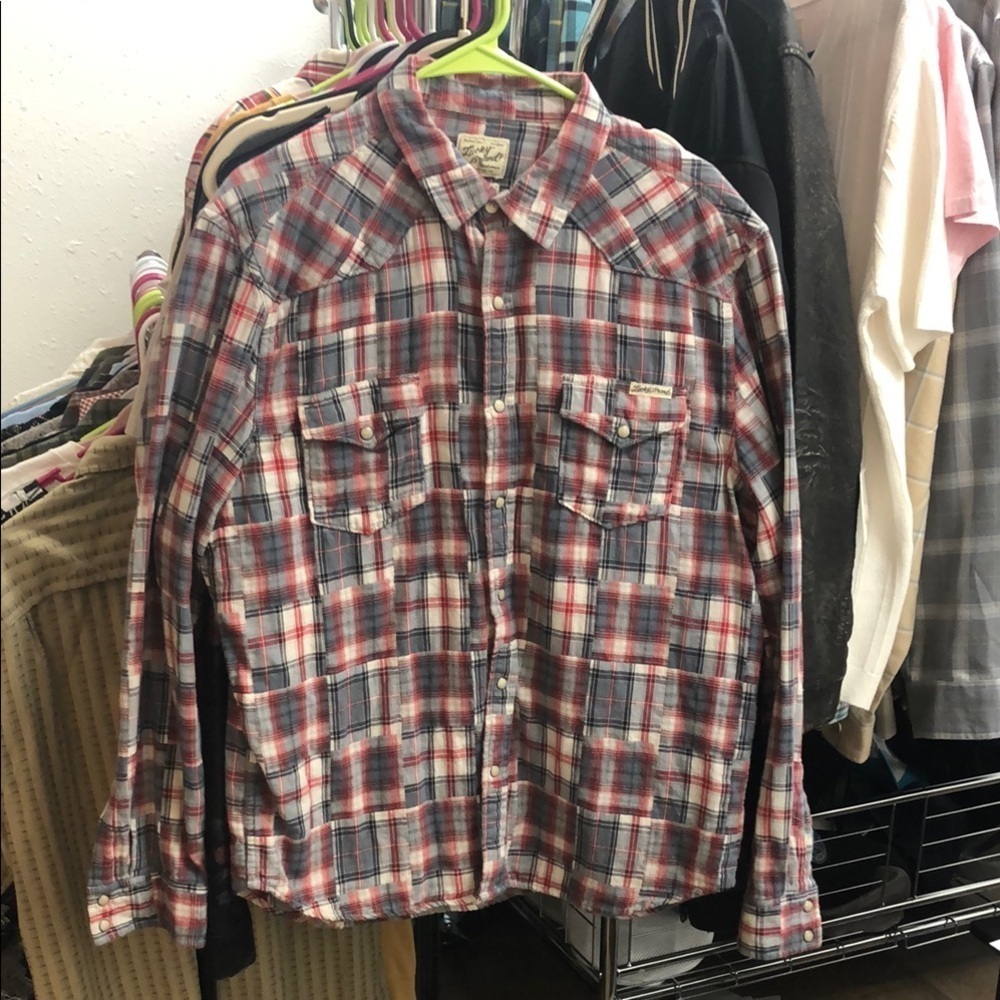 Lucky Brand Red and Gray Patchwork Plaid Lightweight Shirt Jacket w/Pearl Snaps